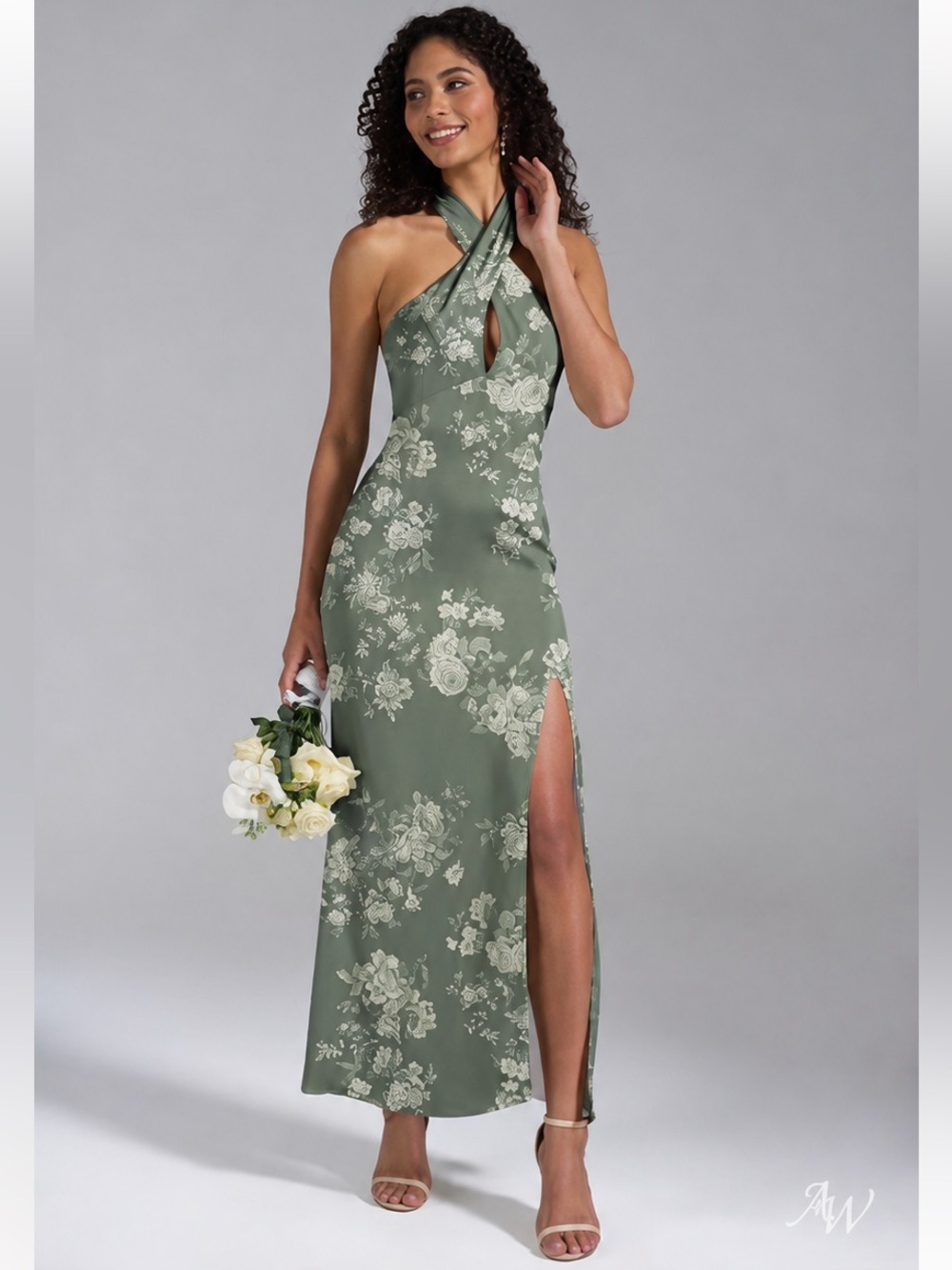 AW Huda Dress Size 2 Sage Trumpet Teal Rose Bridesmaid Wedding Guest Gown NWOT